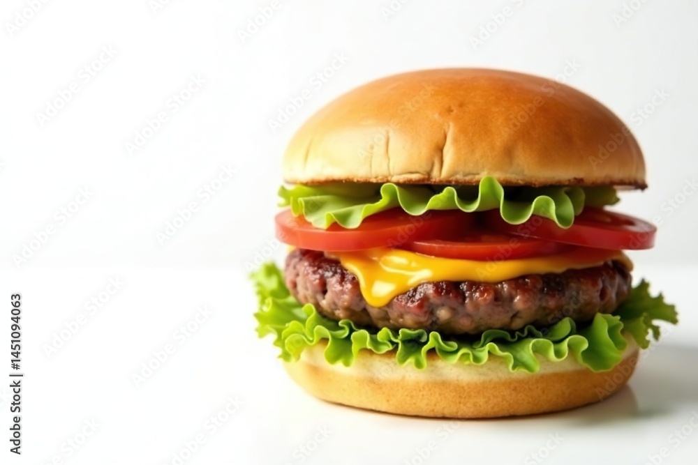Close-up of juicy burger on white, isolated background, meal, juicy, lettuce Close-up of juicy burger on white, isolated background, meal, juicy, lettuce