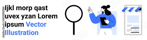 Magnifying glass beside a person holding a tablet and gesturing near an app interface. Ideal for search engine, navigation, user interface, technology, data exploration, creativity, simple landing