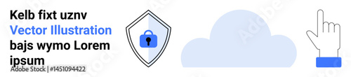 Shield with lock symbol, cloud, and pointing hand gesture. Ideal for security, cloud computing, digital safety, data protection, cyber security, web services flat landing page banner