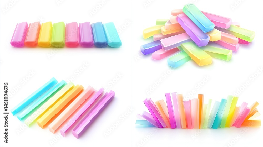 Obraz premium Colorful rectangular shapes, various pastel hues, different arrangements, 3D illustration, on a white background