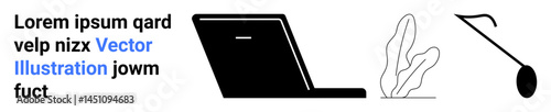 Laptop in side profile, abstract plant, and hanging lamp stylized in minimalist design. Ideal for technology, workspace, interior design, remote work, productivity, creativity simple landing page