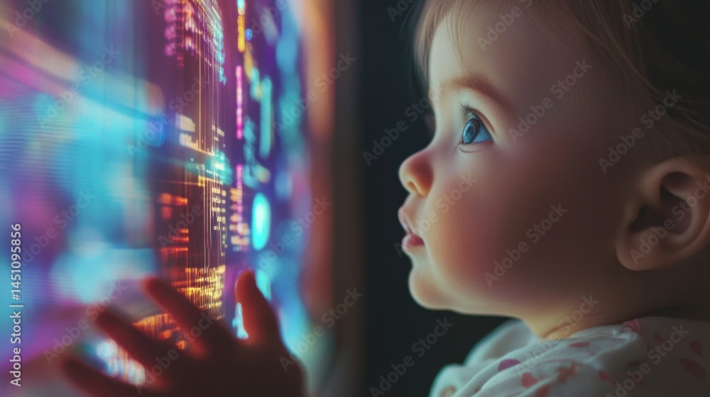 Curious toddler girl looking at futuristic glowing screen. Curious toddler girl looking at futuristic glowing screen.