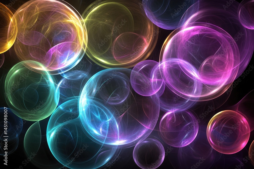 Multicolored, luminous bubbles, swirling and overlapping in a dark background. Abstract, ethereal, and vibrant display of soft, luminous colors like rainbow, neon, or fluorescent Multicolored, luminous bubbles, swirling and overlapping in a dark background. Abstract, ethereal, and vibrant display of soft, luminous colors like rainbow, neon, or fluorescent