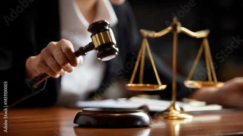 Professional judge holding gavel next to golden scales of justice on wooden table representing law