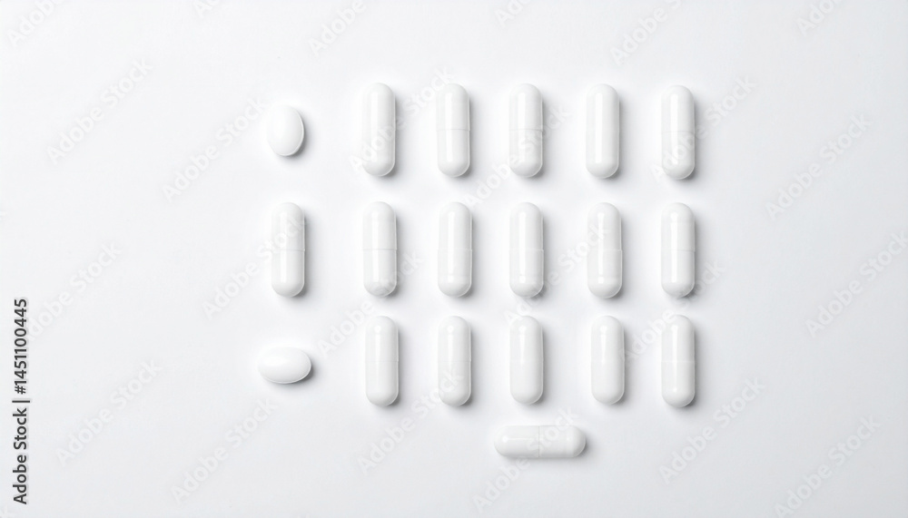 Minimalist white pills layout in refined isometric pharmaceutical concept