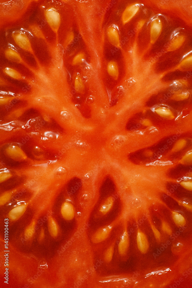 Fresh tomato slice closeup with vibrant red texture and seeds pattern