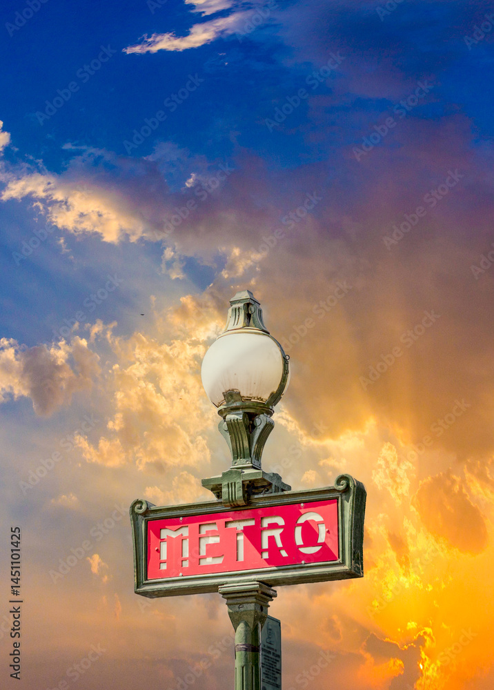 Parisian metro sign with a lamppost with dramatic colorful sky