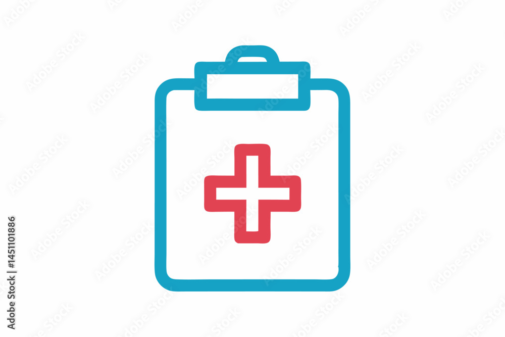 Obraz premium Medical Clipboard Icon: A minimalist, vector illustration of a medical clipboard, featuring a bold red cross, designed to symbolize health, healthcare, and medical concepts.