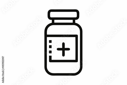 Medical vial: A minimalist outline depicts a medicine vial with a plus symbol, embodying health, healing, and scientific advancement.