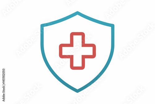 Health Shield Emblem: An eye-level view of a health emblem featuring a shield with a medical cross, symbolizing health, safety, and protection against disease. A striking representation of healthcare.
