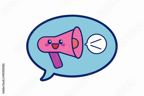 Kawaii Megaphone Announcement: A cheerful and cute pink megaphone with a happy face inside a blue speech bubble, ready to spread a positive message! 