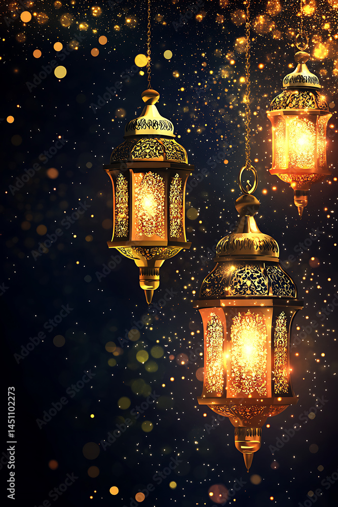 Ornate lanterns glowing with warm light against a dark background filled with shimmering bokeh Ornate lanterns glowing with warm light against a dark background filled with shimmering bokeh