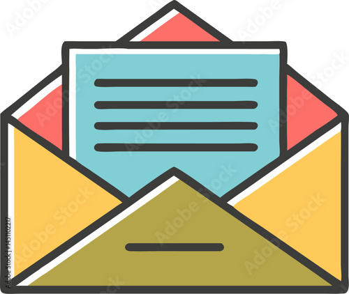 Open Envelope & Letter Icon: A vibrant illustration showcases an open envelope revealing a letter. Symbolizing communication and correspondence, this graphic is perfect for various design projects.