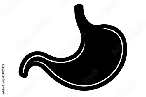 Human Stomach Icon: A simple, bold black silhouette of a human stomach, isolated on a white background. Perfect for medical, health, and digestive system related projects.