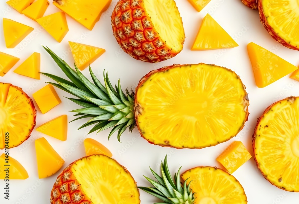 Flat lay of vibrant pineapple chunks and slices on white background, summer fruit, slices Flat lay of vibrant pineapple chunks and slices on white background, summer fruit, slices