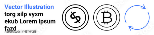 Dollar and Bitcoin symbols inside circles next to a blue circular arrow. Ideal for finance, cryptocurrency, trading, money transfer, blockchain, fintech, investment, abstract line flat metaphor