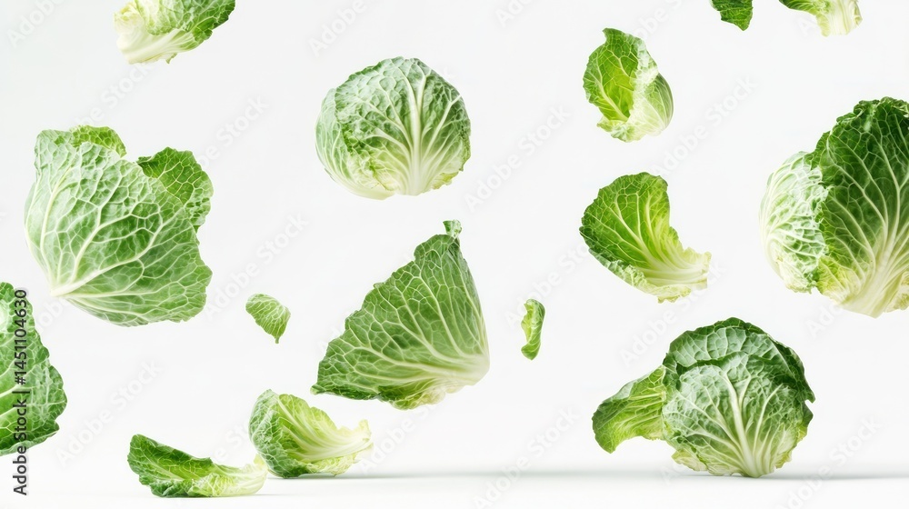 Fresh green cabbages falling on white background. Fresh green cabbages falling on white background.