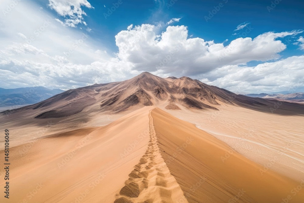 Naklejka premium Vast sand dune ascends to a majestic mountain under a dramatic sky