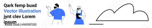 Two people engaging in conversation, one gesturing, one holding tablet, with a minimal cloud outline. Ideal for teamwork, digital solutions, collaboration, brainstorming, innovation technology