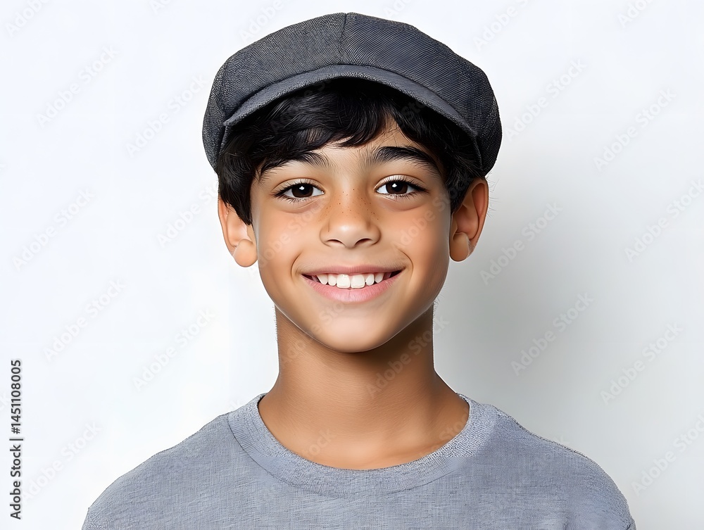 Smiling Boy Portrait Grey Hat Studio Shot Smiling Boy Portrait Grey Hat Studio Shot