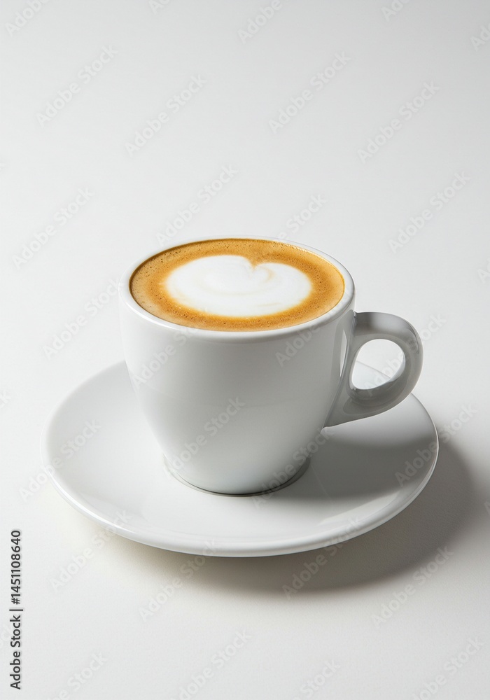 Classic Cappuccino with Latte Art Heart in White Ceramic Cup and Saucer on Clean White Background - Coffee Shop Beverage Classic Cappuccino with Latte Art Heart in White Ceramic Cup and Saucer on Clean White Background - Coffee Shop Beverage