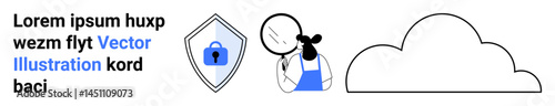 Woman examining shield with lock, symbolizing data security, paired with cloud storage. Ideal for cybersecurity, cloud computing, privacy, online storage, data protection, trust flat landing page