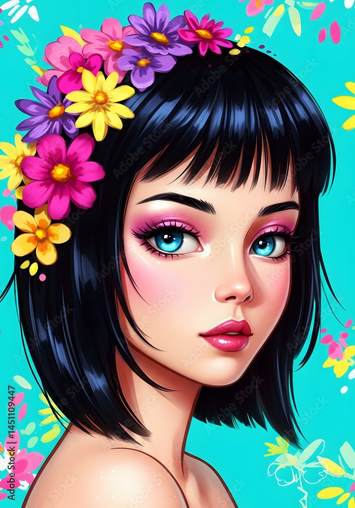 Naklejka premium Enchanting girl illustration with floral crown and striking blue eyes on a vibrant background radiates ethereal beauty and youthful exuberance