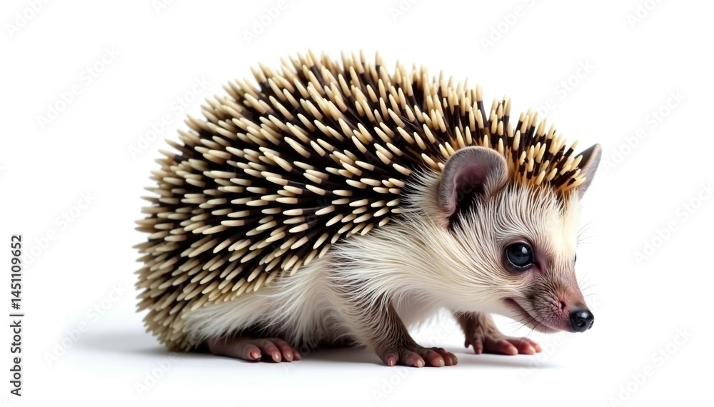 Small hedgehog, curled in a ball, isolated on pure white background, prickly, detail Small hedgehog, curled in a ball, isolated on pure white background, prickly, detail