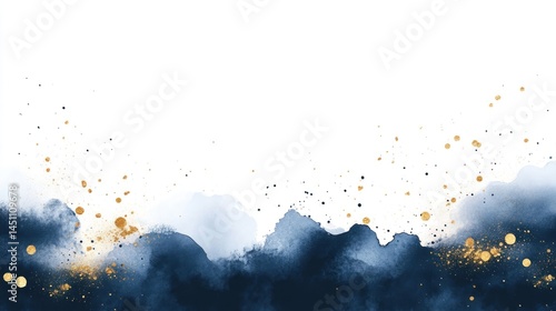 Abstract navy blue and gold watercolor wash background with splatters.