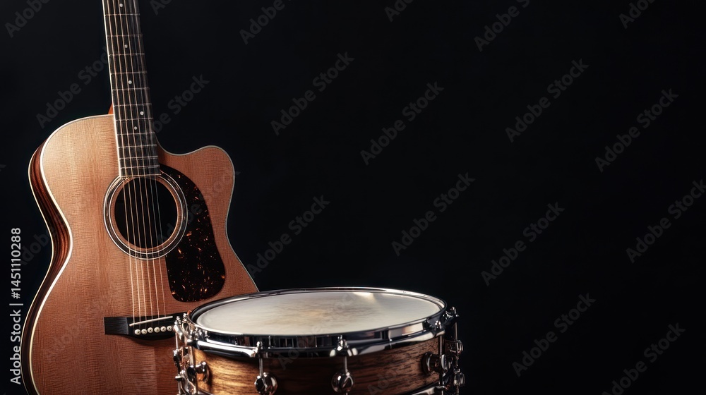 Naklejka premium Acoustic guitar and snare drum on black background. (2)