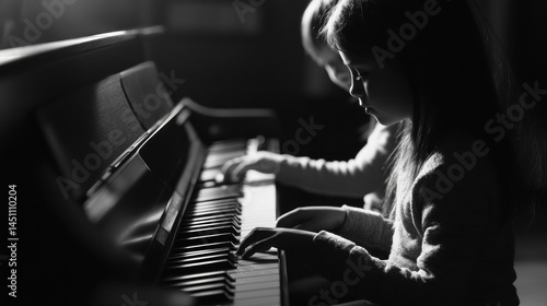 Two girls playing piano in dramatic black and white.