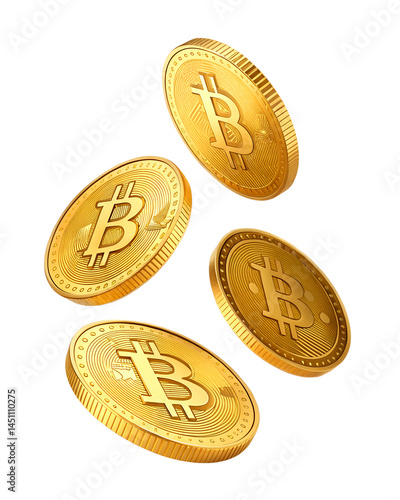 Golden coin with bitcoin symbol isolated on transparent background, Shiny golden physical cryptocurrencies Bitcoin symbol png file