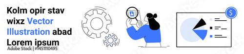 Woman examining data with a magnifying glass, pie chart, and gears. Ideal for analytics, management, problem-solving, research, innovation, optimization simple landing page