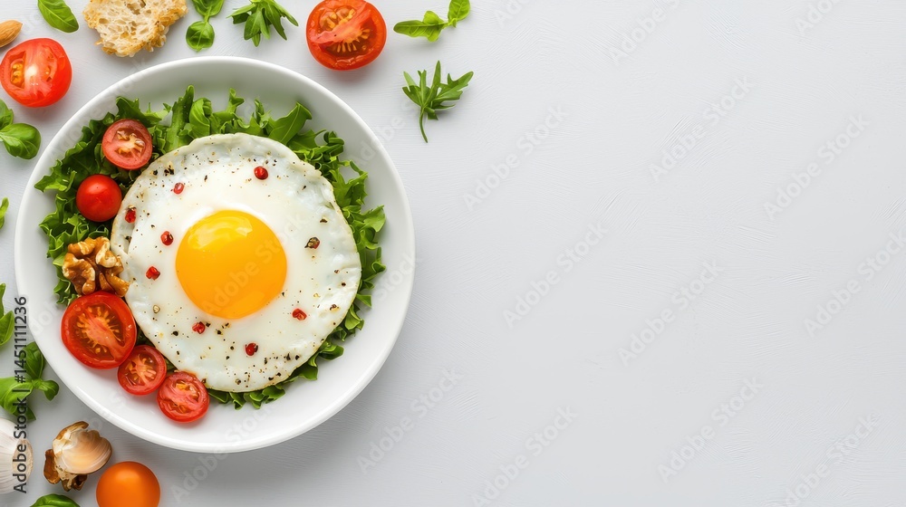A perfectly fried egg with vibrant yolk sits on a bed of fresh lettuce surrounded by cherry tomatoes, walnuts, basil, and garlic cloves on a white background with copy space. A perfectly fried egg with vibrant yolk sits on a bed of fresh lettuce surrounded by cherry tomatoes, walnuts, basil, and garlic cloves on a white background with copy space.