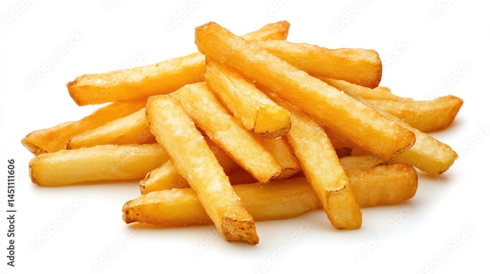 Golden, crispy french fries isolated on white background. Golden, crispy french fries isolated on white background.