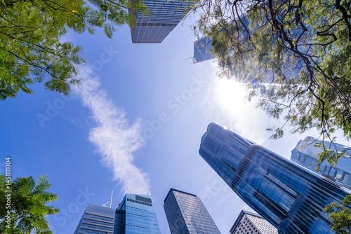 Modern skyscrapers rising behind green tree branches with bright sun flare in a cityscape view, blending nature and urban architecture under a clear blue sky. photo