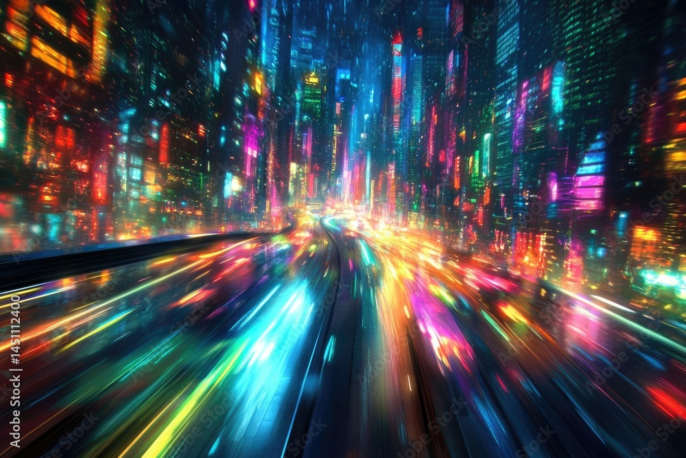 Obraz premium A vibrant, futuristic cityscape at night, viewed from a fast-moving vehicle, showcasing dazzling neon lights and dynamic energy.