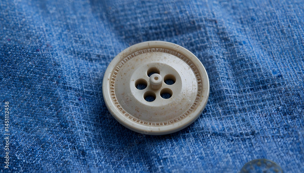 Shirt Button Detail Showing Threads, Close-up Of Textile Fastener. Sewing Craftsmanship Visible. Fabric Texture And Delicate Seams Displayed. Design Resource For Garment Production.