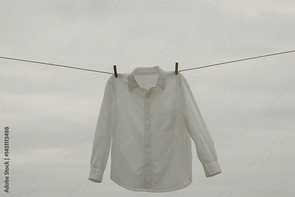 White shirt on clothesline under humid overcast sky with quiet rainy morning mood