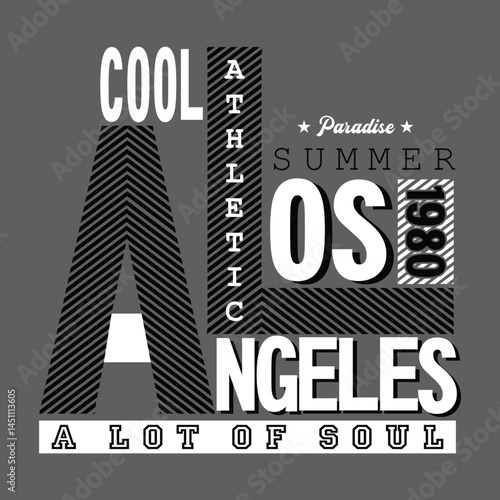 Vector typography design of Los Angeles California beach scene with palm trees and bold summer-themed slogans, featuring motivational words that evoke freedom, sunshine, and a relaxed coastal lifestyl