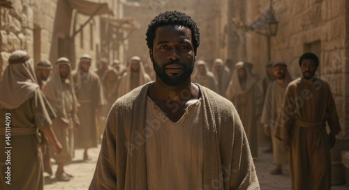 Man Walking Among Crowd in Ancient Middle Eastern Street Scene