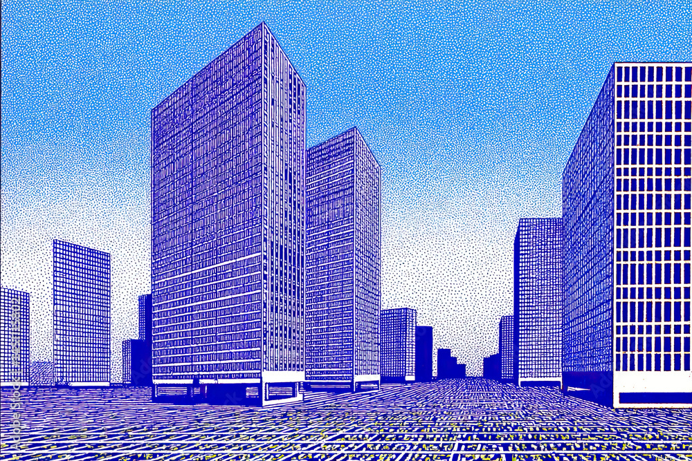 Stylized cityscape with tall blue towers and clean lines, perfect for architectural concepts, real estate development, city marketing and smart city promotion materials.