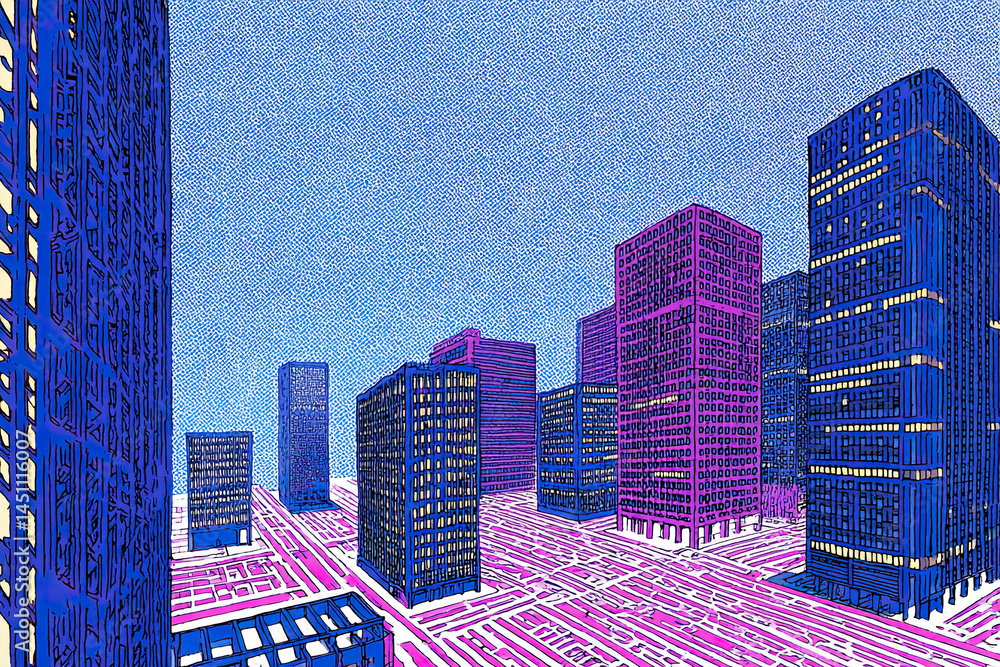 Illustration of futuristic city skyline with geometric skyscrapers and violet hues, ideal for real estate, urban planning, digital cities, and technology visualizations.