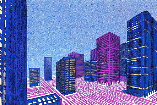 Obraz na płótnie Illustration of futuristic city skyline with geometric skyscrapers and violet hues, ideal for real estate, urban planning, digital cities, and technology visualizations. w salonie