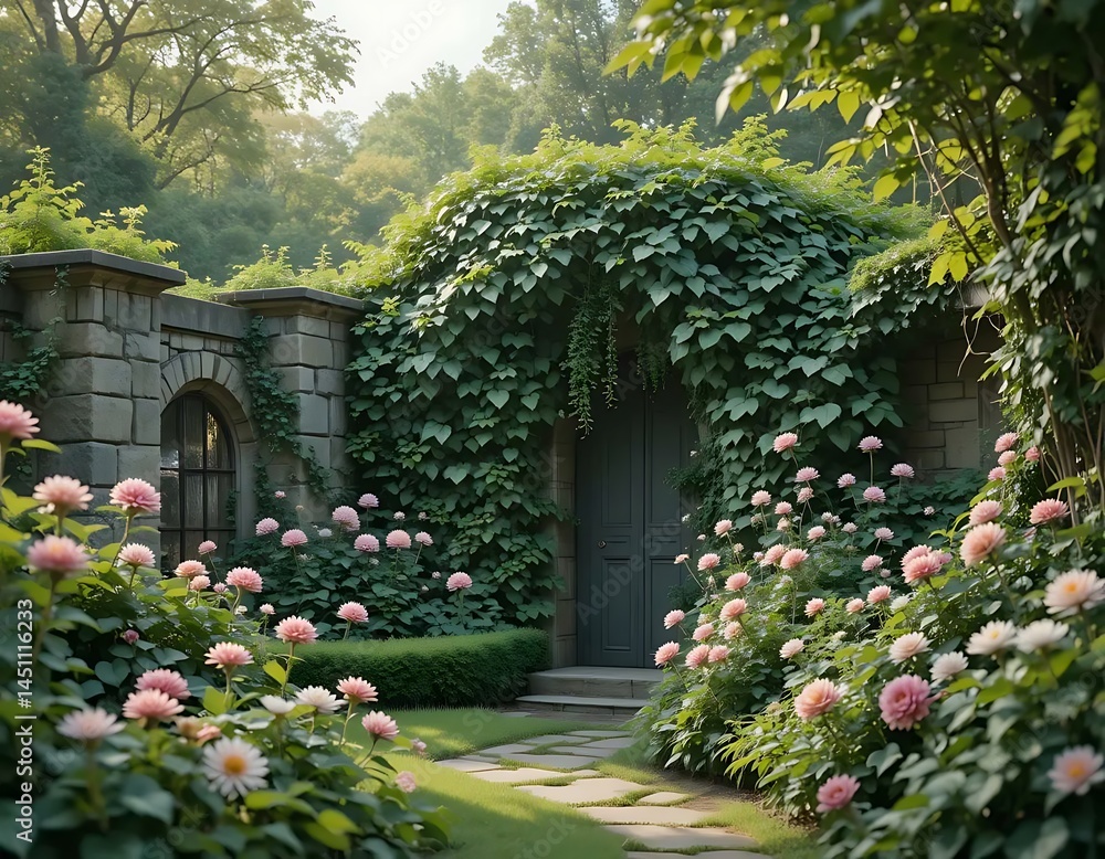 Obraz premium Mystical garden entrance with stone wall, vine covered archway and pink daisy flower border pathway.