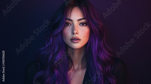 Wallpaper Mural Woman with vibrant purple hair in dramatic lighting. Creative hair coloring concept for beauty industry. Futuristic and edgy portrait showcasing bold hair trend and makeup artistry. Torontodigital.ca