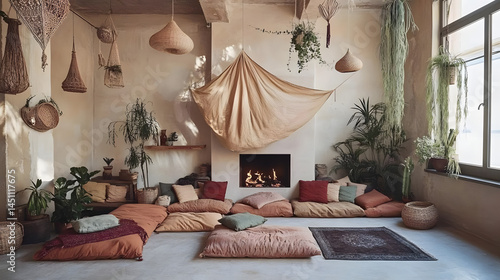 Cozy Fireplace Room Decor, Plants & Pillows