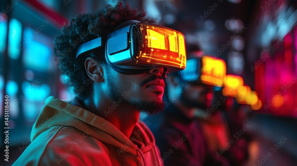 African man with a VR headset in a gaming center, playing virtual reality experience, immersion into digital world, neon lighting on a transparent background, PNG image, PNG file. African man with a VR headset in a gaming center, playing virtual reality experience, immersion into digital world, neon lighting on a transparent background, PNG image, PNG file.