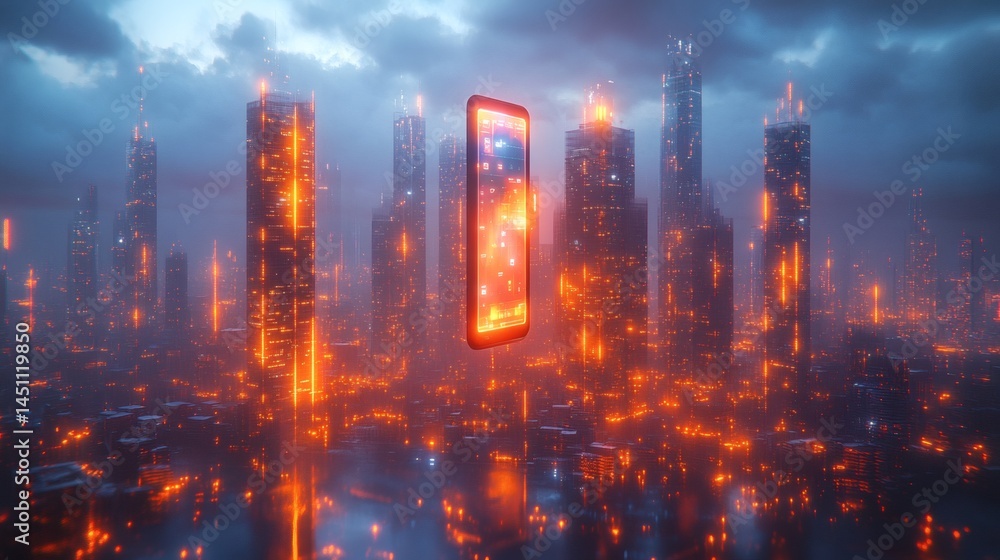 Holographic Smartphone hovering above Illuminated Metropolitan Cityscape at Dusk with reflections, glowing orange, futuristic atmosphere on a transparent background, PNG image, PNG file. Holographic Smartphone hovering above Illuminated Metropolitan Cityscape at Dusk with reflections, glowing orange, futuristic atmosphere on a transparent background, PNG image, PNG file.