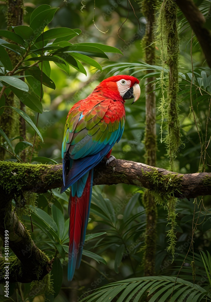 Vibrant plumage of a scarlet macaw perched amidst lush greenery, embodying tropical rainforest biodiversity and ecological balance, showcasing nature's artistry Vibrant plumage of a scarlet macaw perched amidst lush greenery, embodying tropical rainforest biodiversity and ecological balance, showcasing nature's artistry